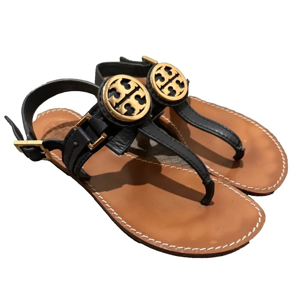 Tory Burch emmy  T-Strap Leather sandals black 6 flats Gold medallion logo shoes